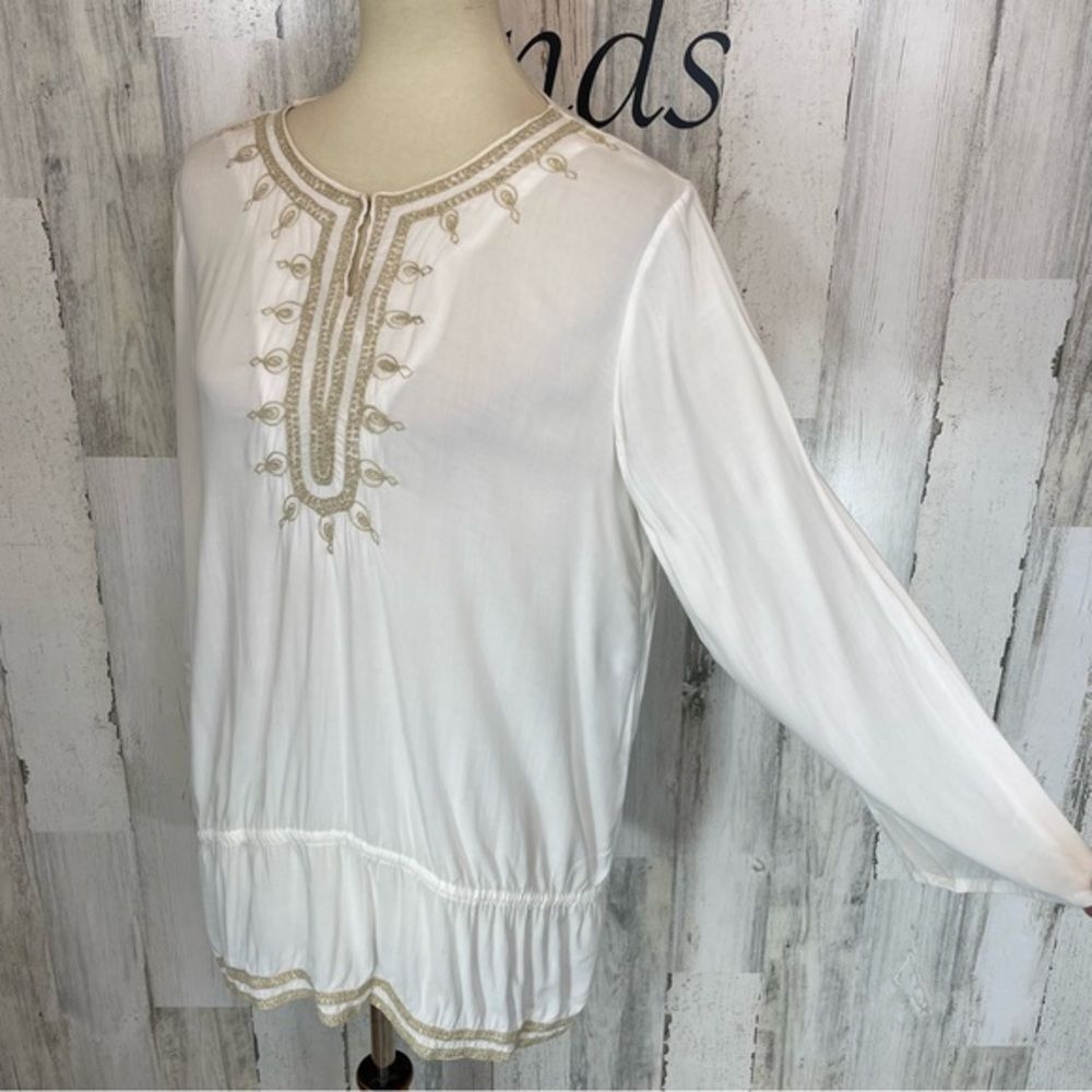 Chico’s White Gold Embroidered Split V Neck Long Sleeve Boho Shirt Top Blouse